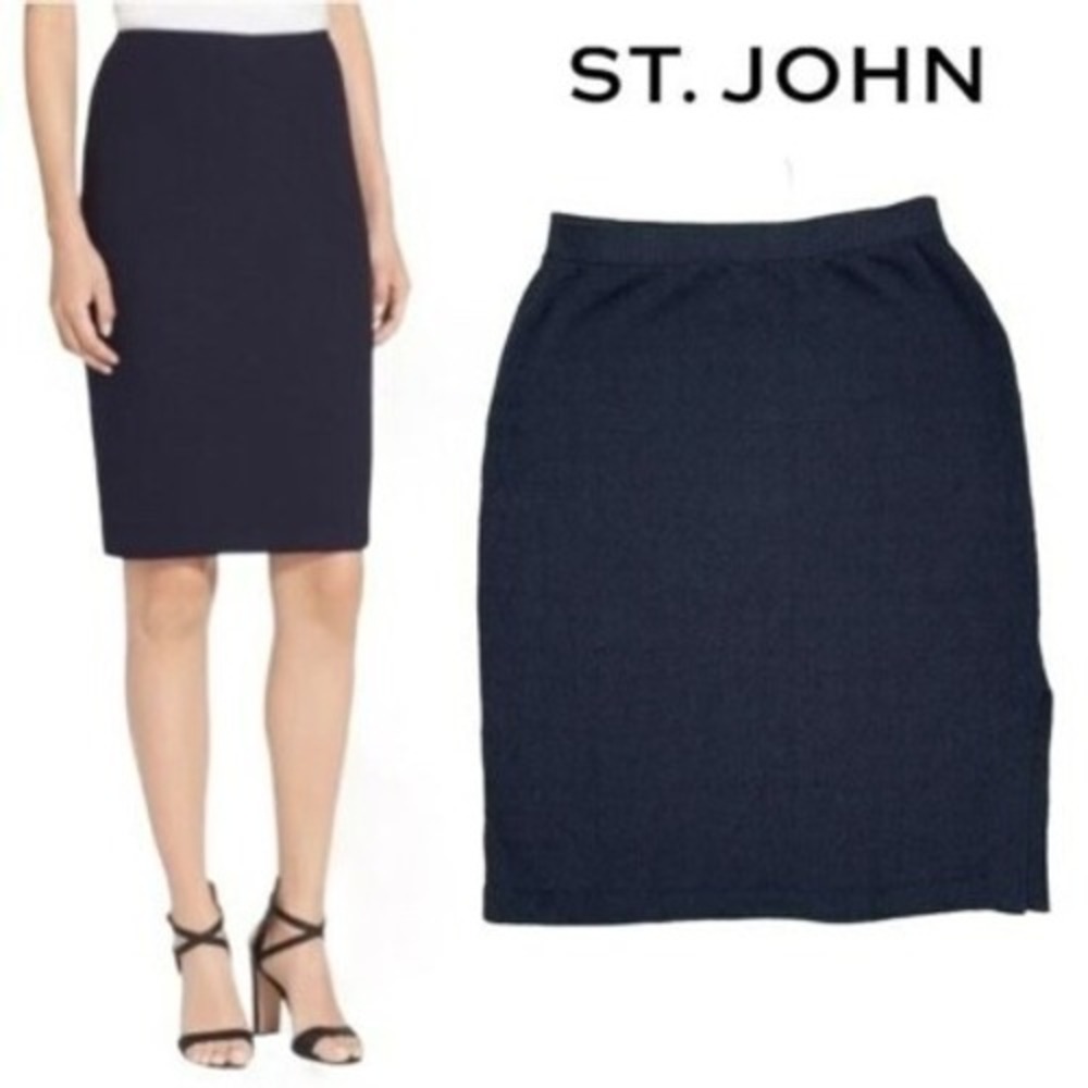 St. John Basic Pencil Skirt Santana Knit Navy Blue Sz 12 Luxe Old Money Classic